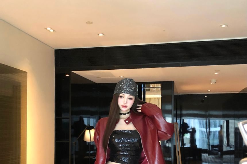 Stand Collar Faux Leather Zip Jacket / Halter Faux Leather Crop Top / Mid Rise Plain Shorts