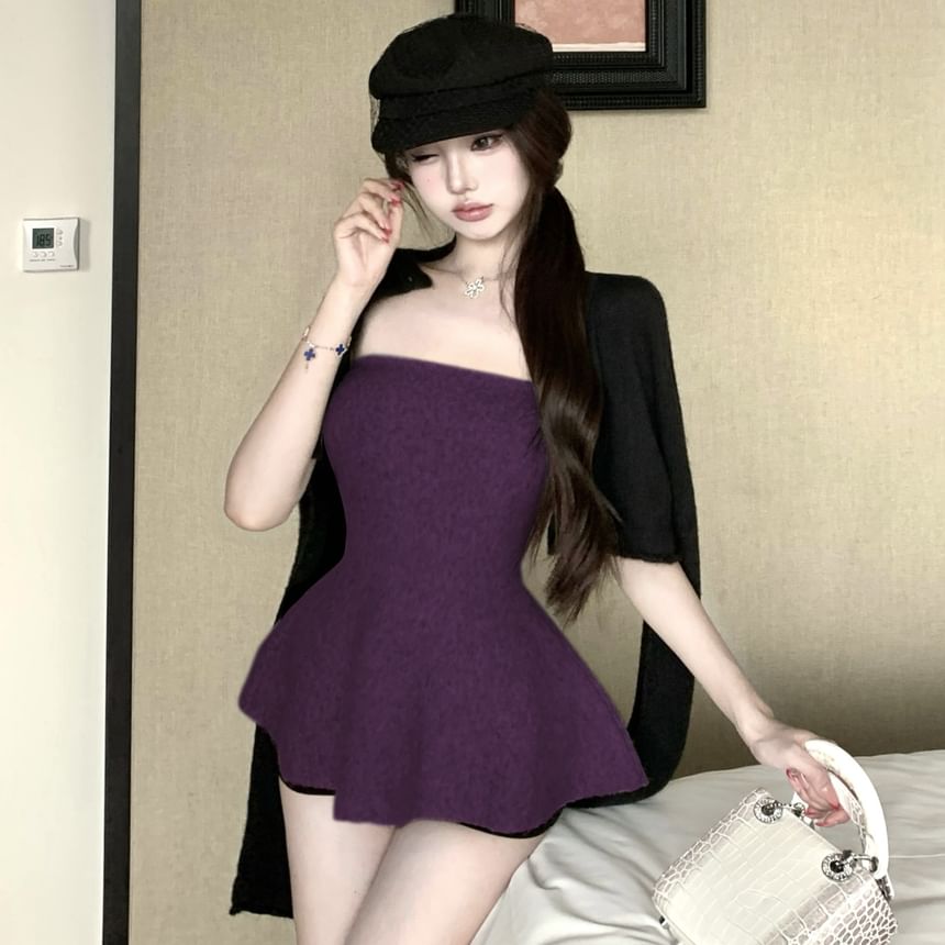 Round Neck Solid Cardigan with Crop Hem / Strapless Flowy Top