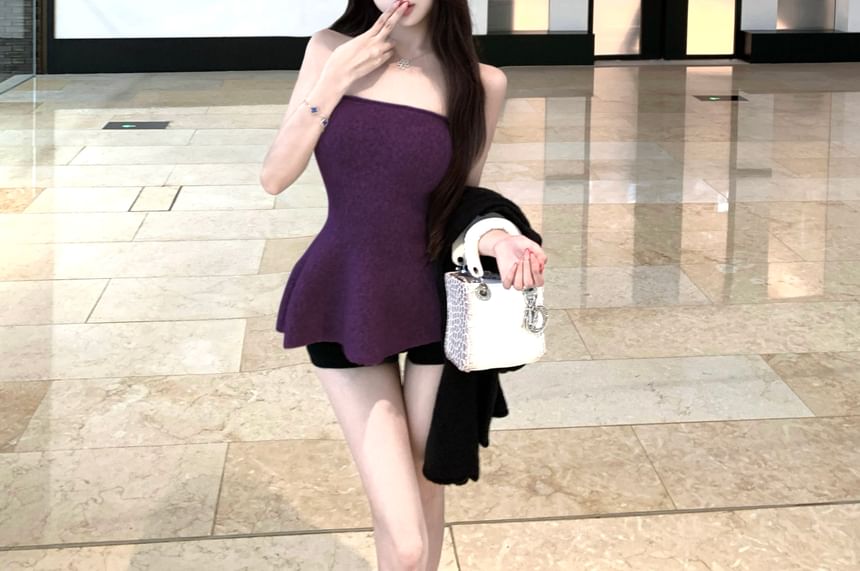Round Neck Solid Cardigan with Crop Hem / Strapless Flowy Top
