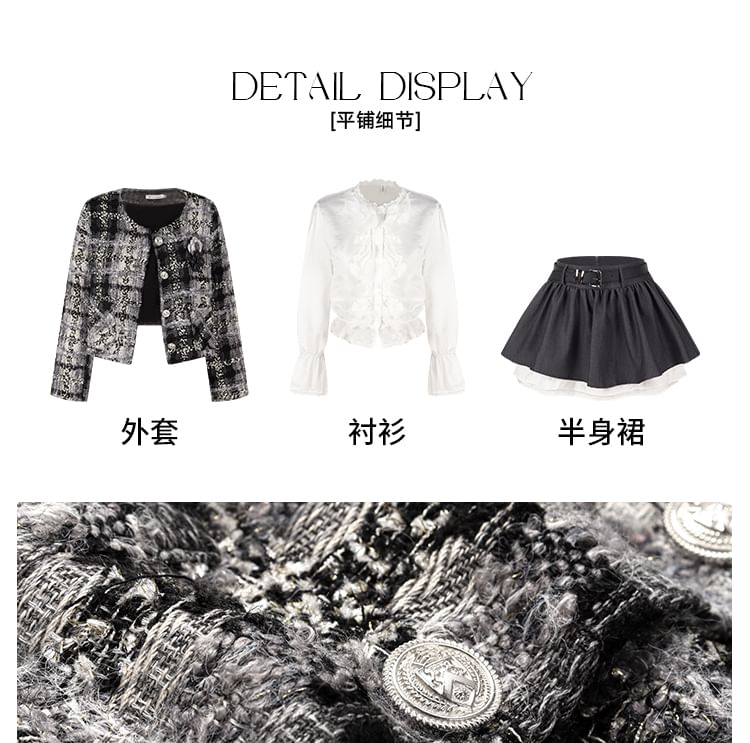 Tweed Button Blazer / High Waist Mini A-Line Skirt / Long Sleeve Ruffled Blouse