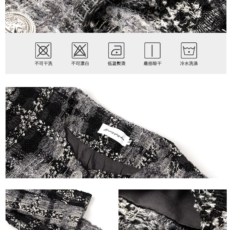 Tweed Button Blazer / High Waist Mini A-Line Skirt / Long Sleeve Ruffled Blouse