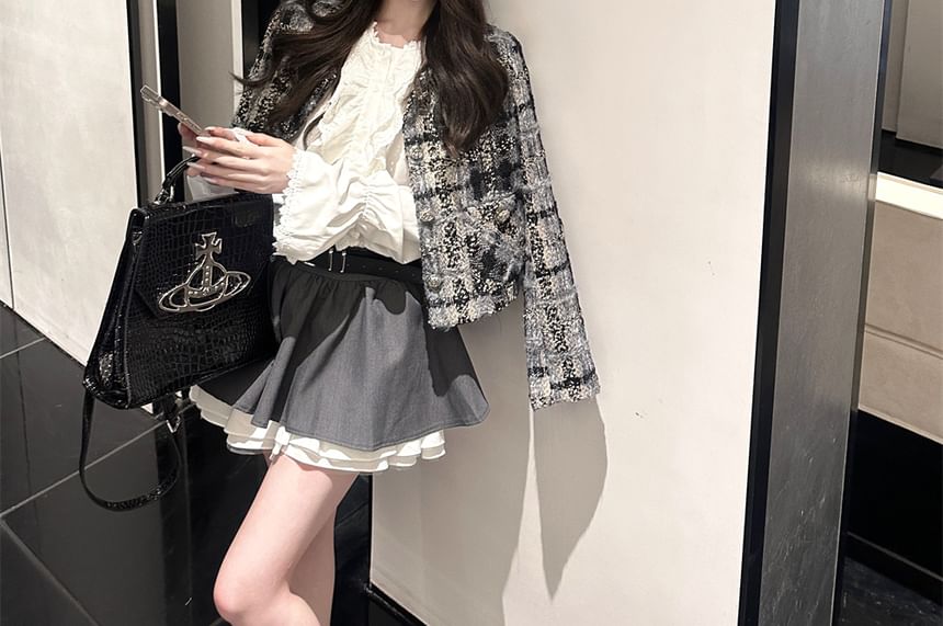 Tweed Button Blazer / High Waist Mini A-Line Skirt / Long Sleeve Ruffled Blouse