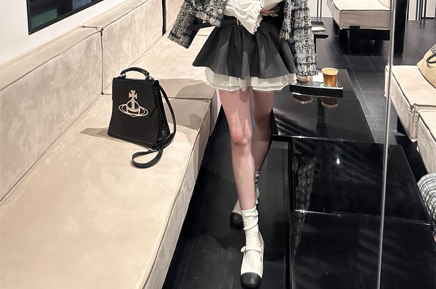 Tweed Button Blazer / High Waist Mini A-Line Skirt / Long Sleeve Ruffled Blouse