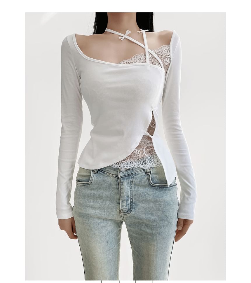 Lace Trim Asymmetric Long Sleeve Tee