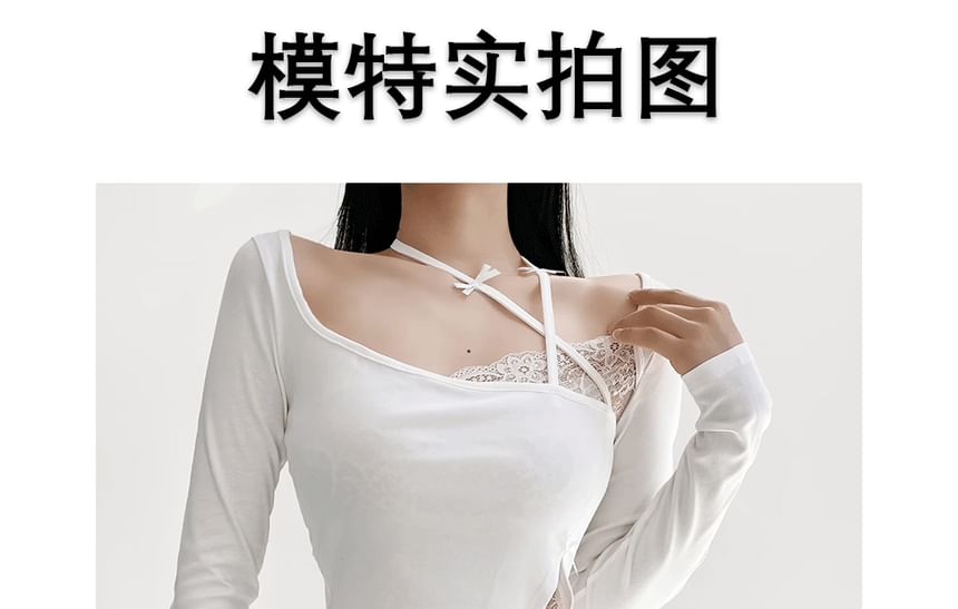 Lace Trim Asymmetric Long Sleeve Tee