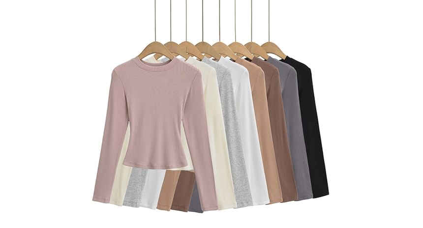 Long Sleeve Round Neck Fitted Solid Tee