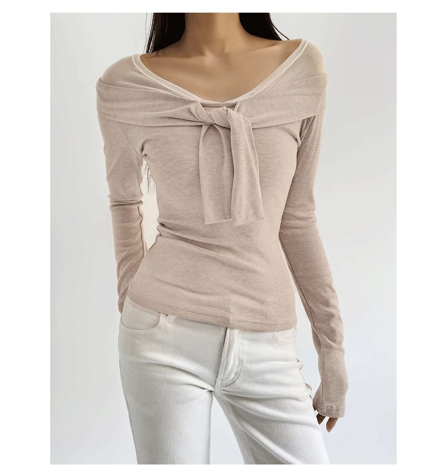 Mesh Panel Knot Mock Two-Piece V-Neck Long Sleeve Tee