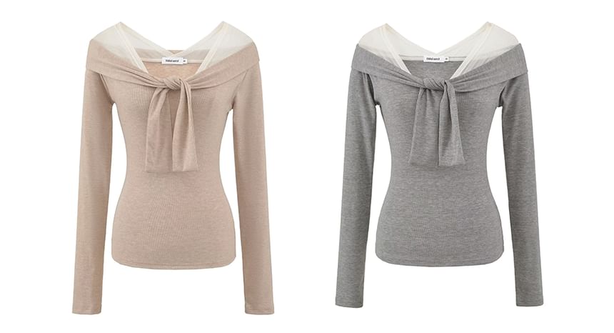 Mesh Panel Knot Mock Two-Piece V-Neck Long Sleeve Tee