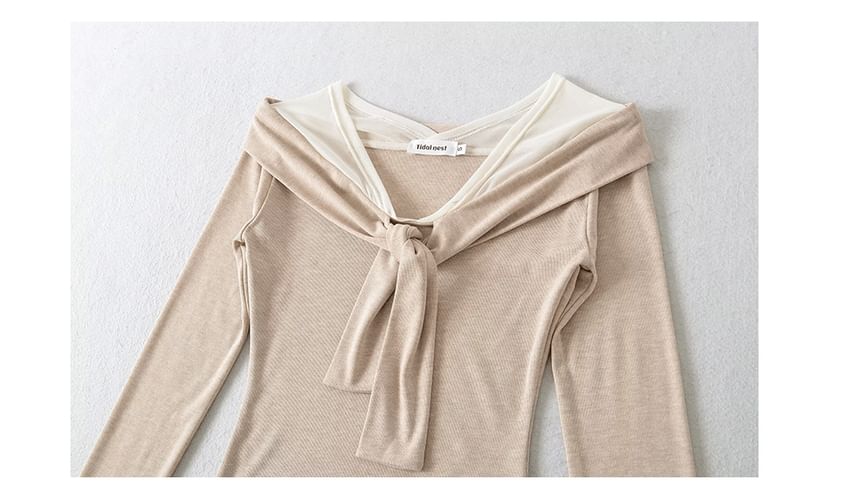 Mesh Panel Knot Mock Two-Piece V-Neck Long Sleeve Tee