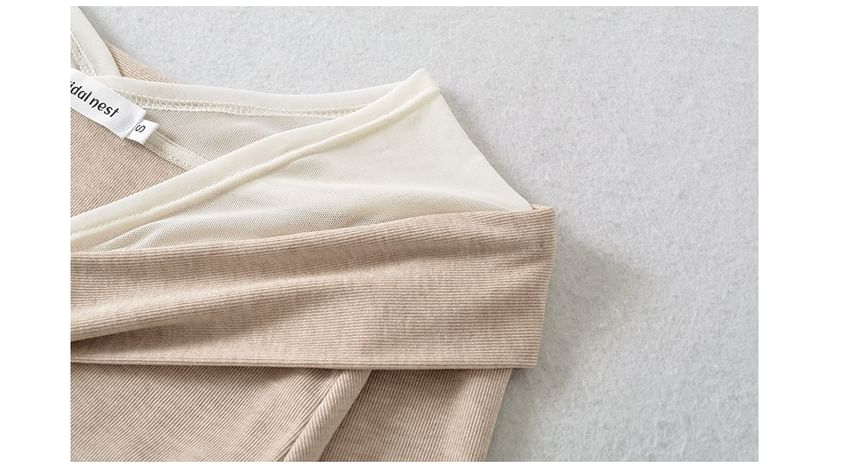 Mesh Panel Knot Mock Two-Piece V-Neck Long Sleeve Tee