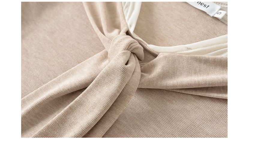 Mesh Panel Knot Mock Two-Piece V-Neck Long Sleeve Tee