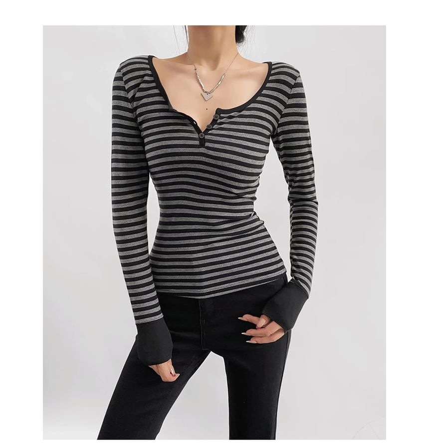 Striped Henley Long Sleeve Knit Shirt