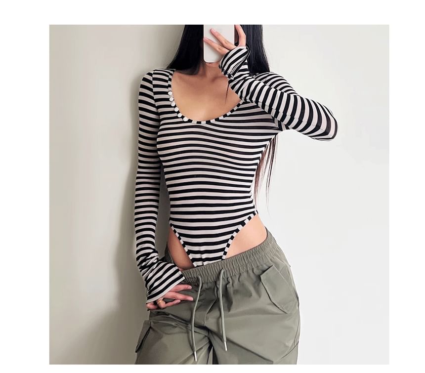 Flared Sleeve Striped Scoop Neck Bodysuit