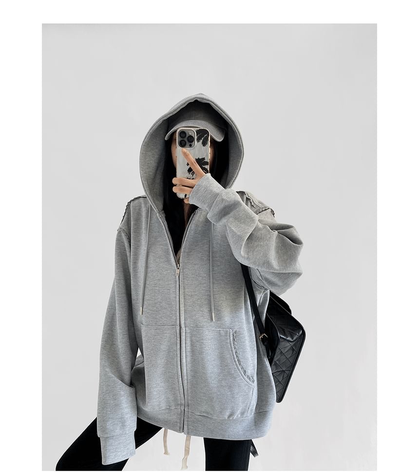 Oversized Lace Trim Zip-Up Hoodie