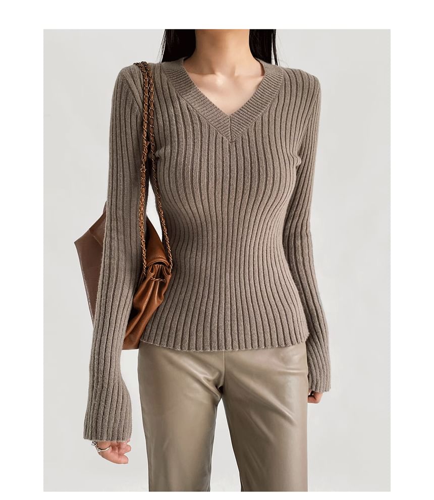 Ribbed V-Neck Solid Knit Sweater