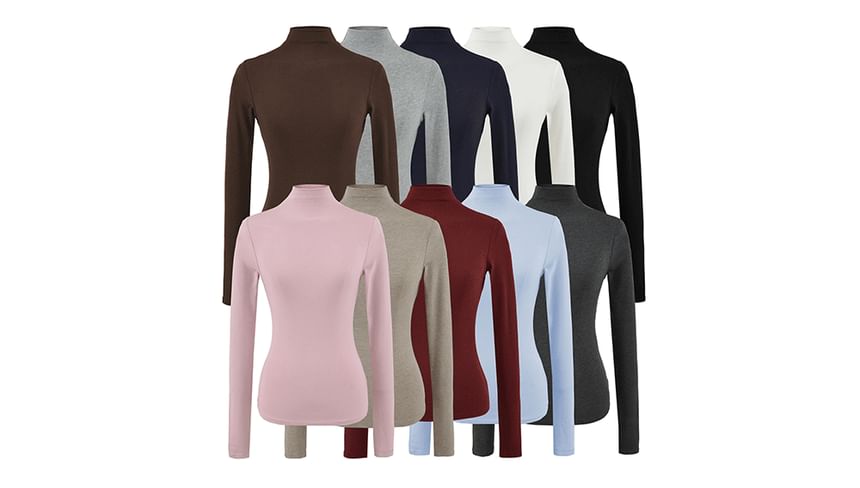 Mock Neck Long Sleeve Slim Fit Solid T-Shirt