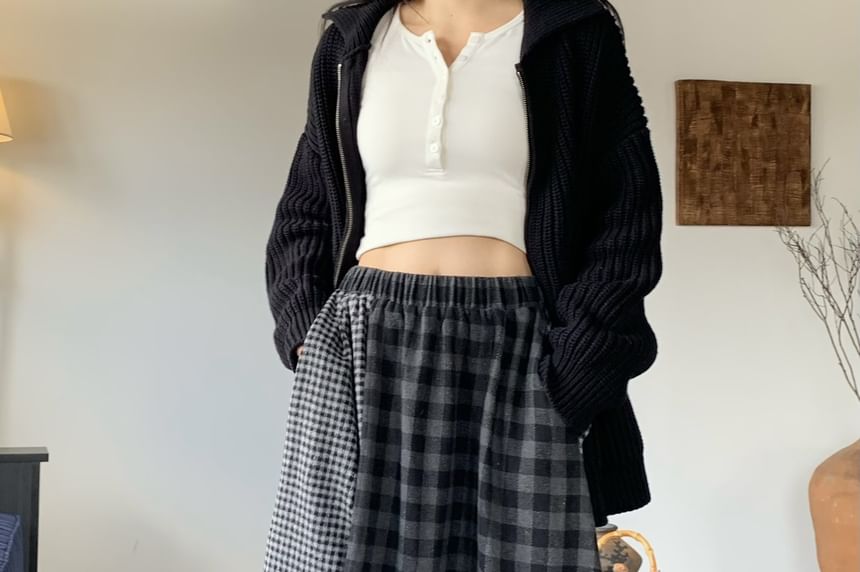 Checked Panel Maxi A-Line Skirt High Waist
