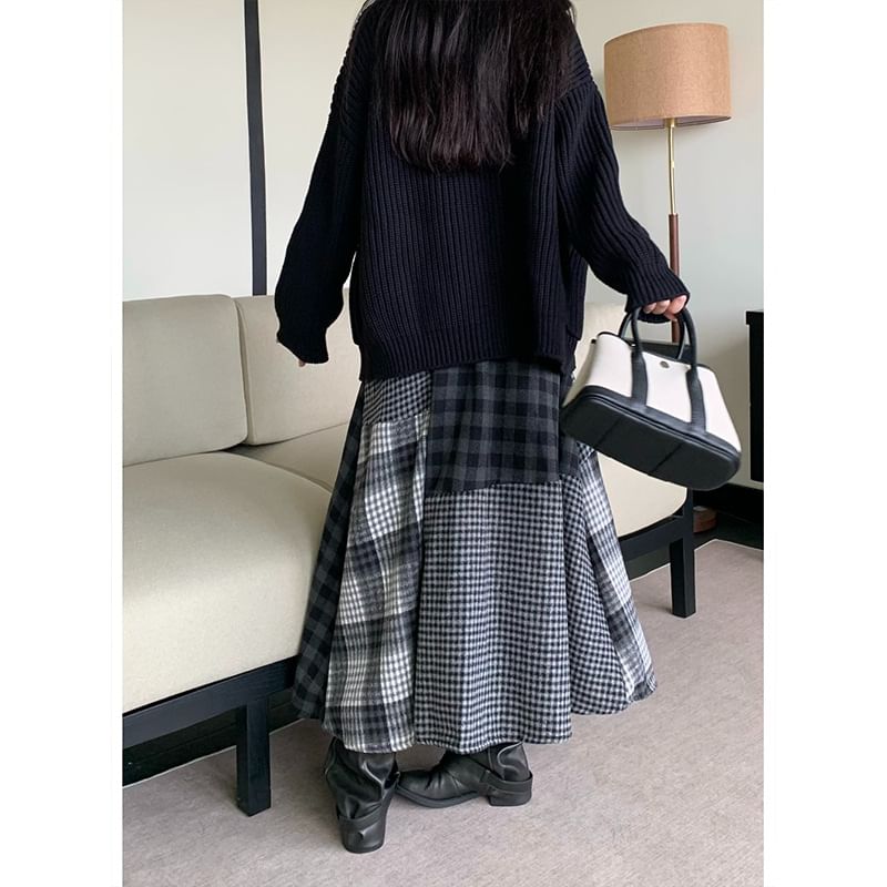Checked Panel Maxi A-Line Skirt High Waist