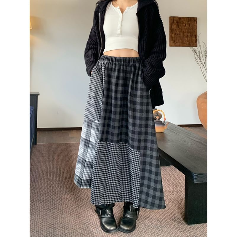 Checked Panel Maxi A-Line Skirt High Waist