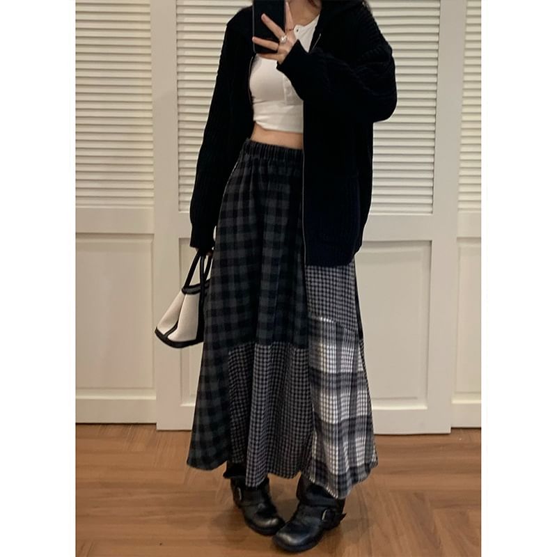 Checked Panel Maxi A-Line Skirt High Waist