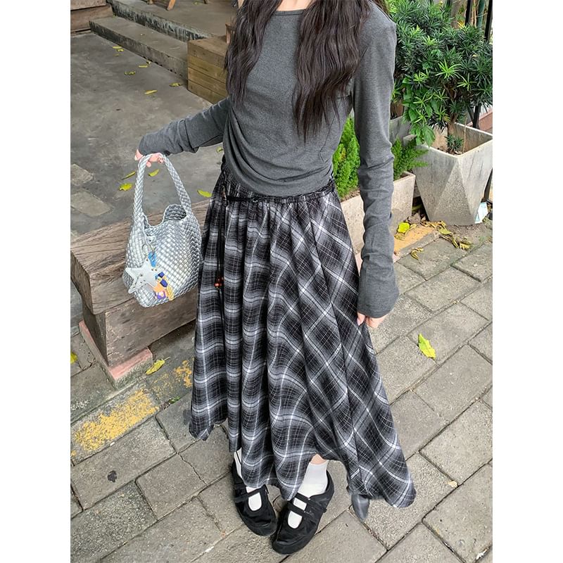 Asymmetric Hem Plaid Maxi A-Line Skirt High Waist