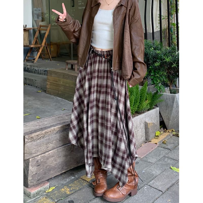 Asymmetric Hem Plaid Maxi A-Line Skirt High Waist