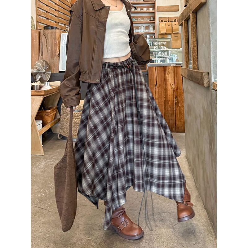 Asymmetric Hem Plaid Maxi A-Line Skirt High Waist