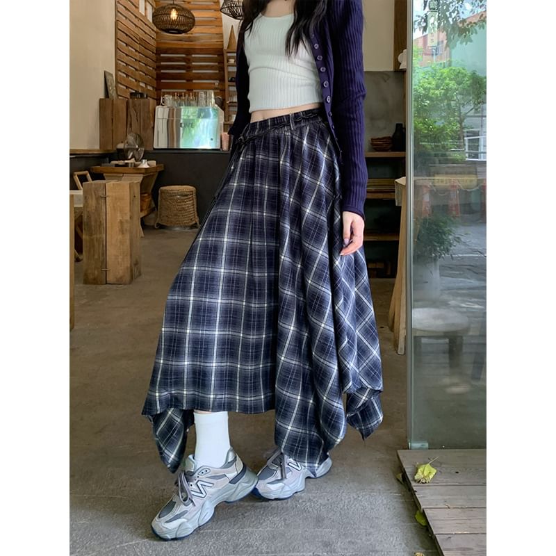 Asymmetric Hem Plaid Maxi A-Line Skirt High Waist
