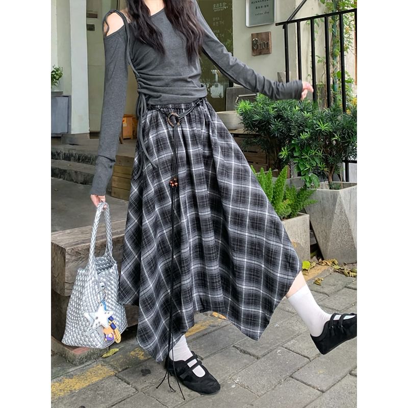 Asymmetric Hem Plaid Maxi A-Line Skirt High Waist