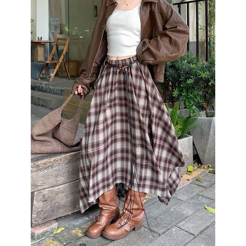 Asymmetric Hem Plaid Maxi A-Line Skirt High Waist