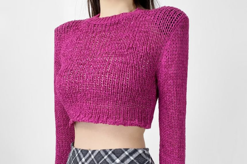 Perforated Crew Neck Crop Knit Top