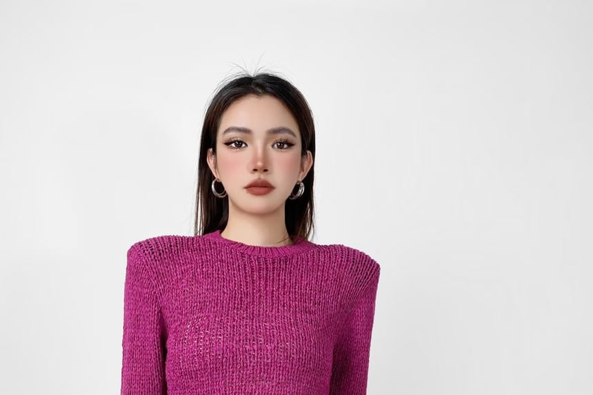 Perforated Crew Neck Crop Knit Top