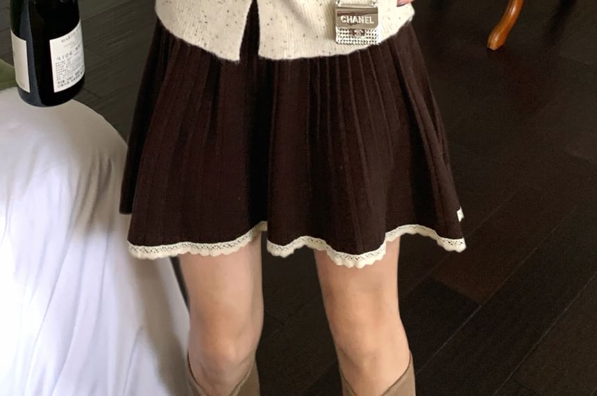 Contrast Trim Knitted Mini Pleated Skirt High Waist