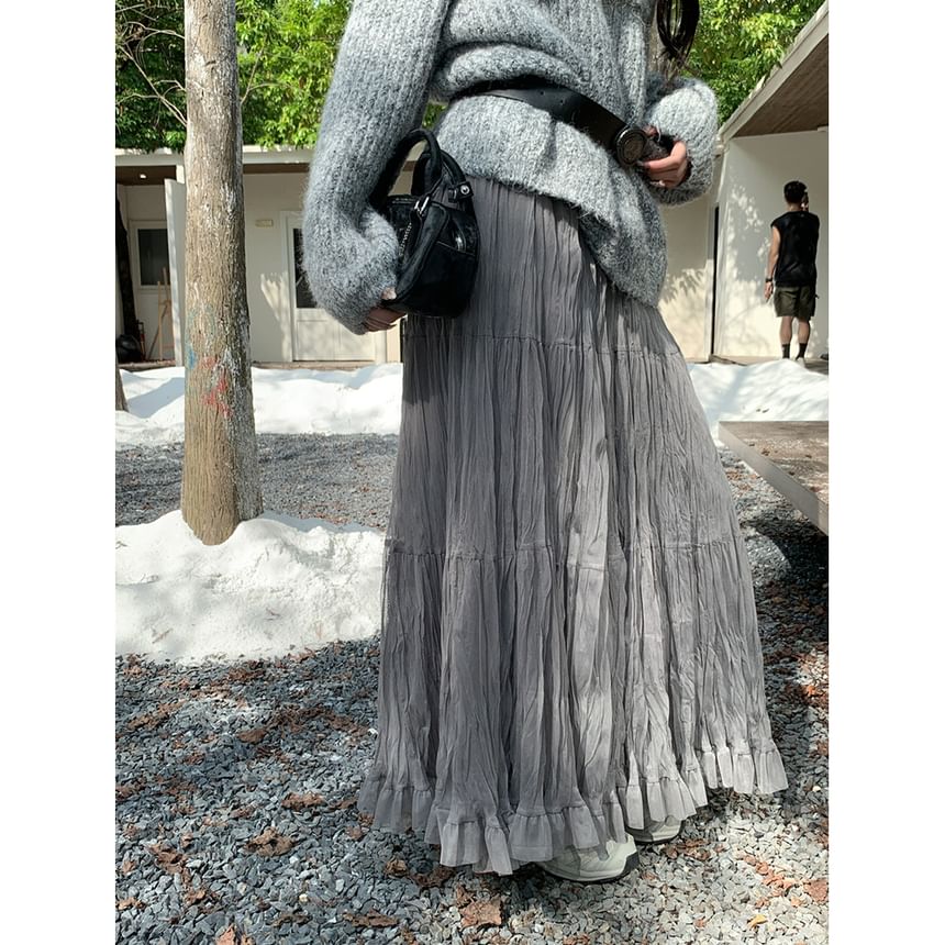 Ruched Sheer Maxi A-Line Skirt High Waist