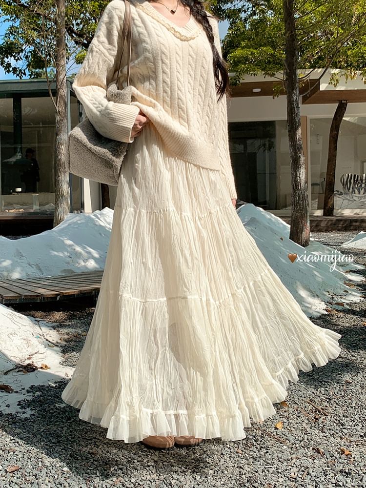 Ruched Sheer Maxi A-Line Skirt High Waist