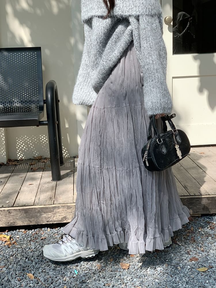 Ruched Sheer Maxi A-Line Skirt High Waist