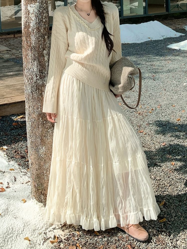 Ruched Sheer Maxi A-Line Skirt High Waist
