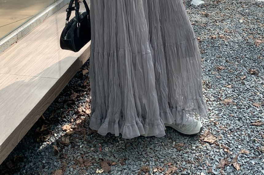 Ruched Sheer Maxi A-Line Skirt High Waist