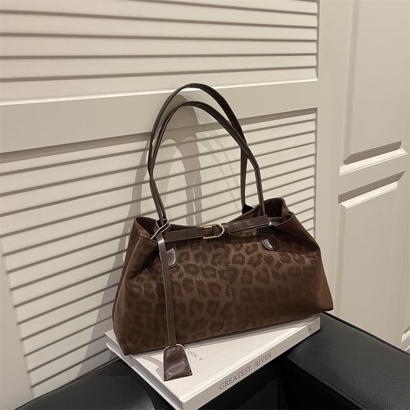 Leopard Print Buckled Tote Bag