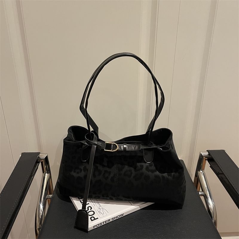 Leopard Print Buckled Tote Bag