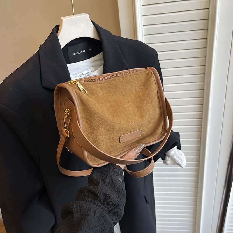 Top Handle Plain Faux Suede Crossbody Bag