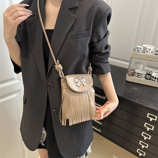 Bow Fringed Faux Leather Flap Crossbody Bag