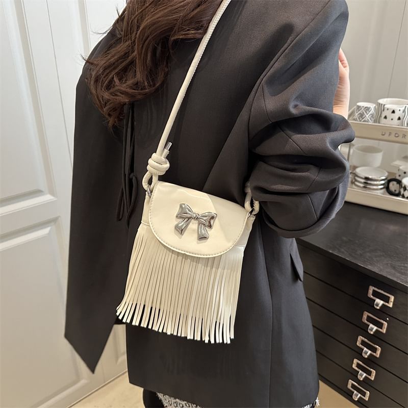 Bow Fringed Faux Leather Flap Crossbody Bag