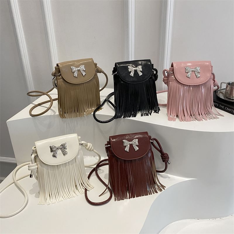 Bow Fringed Faux Leather Flap Crossbody Bag