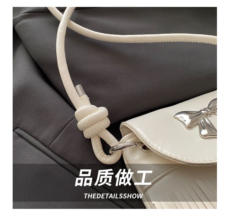 Bow Fringed Faux Leather Flap Crossbody Bag