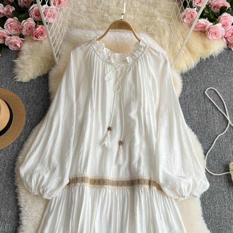 Long-Sleeve Round Neck Contrast Trim Maxi A-Line Dress