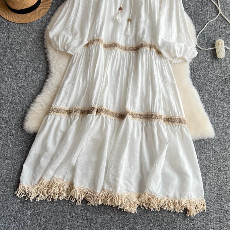 Long-Sleeve Round Neck Contrast Trim Maxi A-Line Dress
