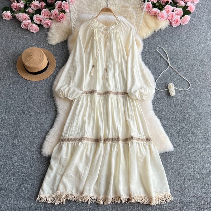 Long-Sleeve Round Neck Contrast Trim Maxi A-Line Dress