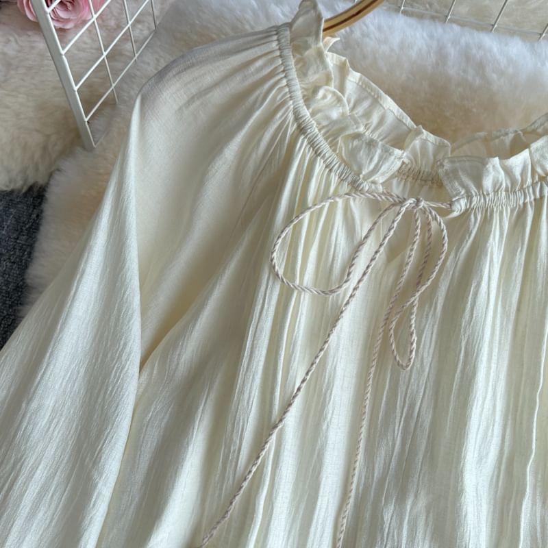 Long-Sleeve Round Neck Contrast Trim Maxi A-Line Dress