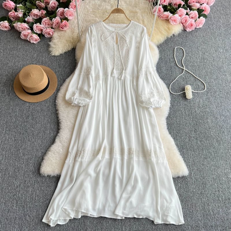 Long-Sleeve Round Neck Plain Maxi A-Line Dress